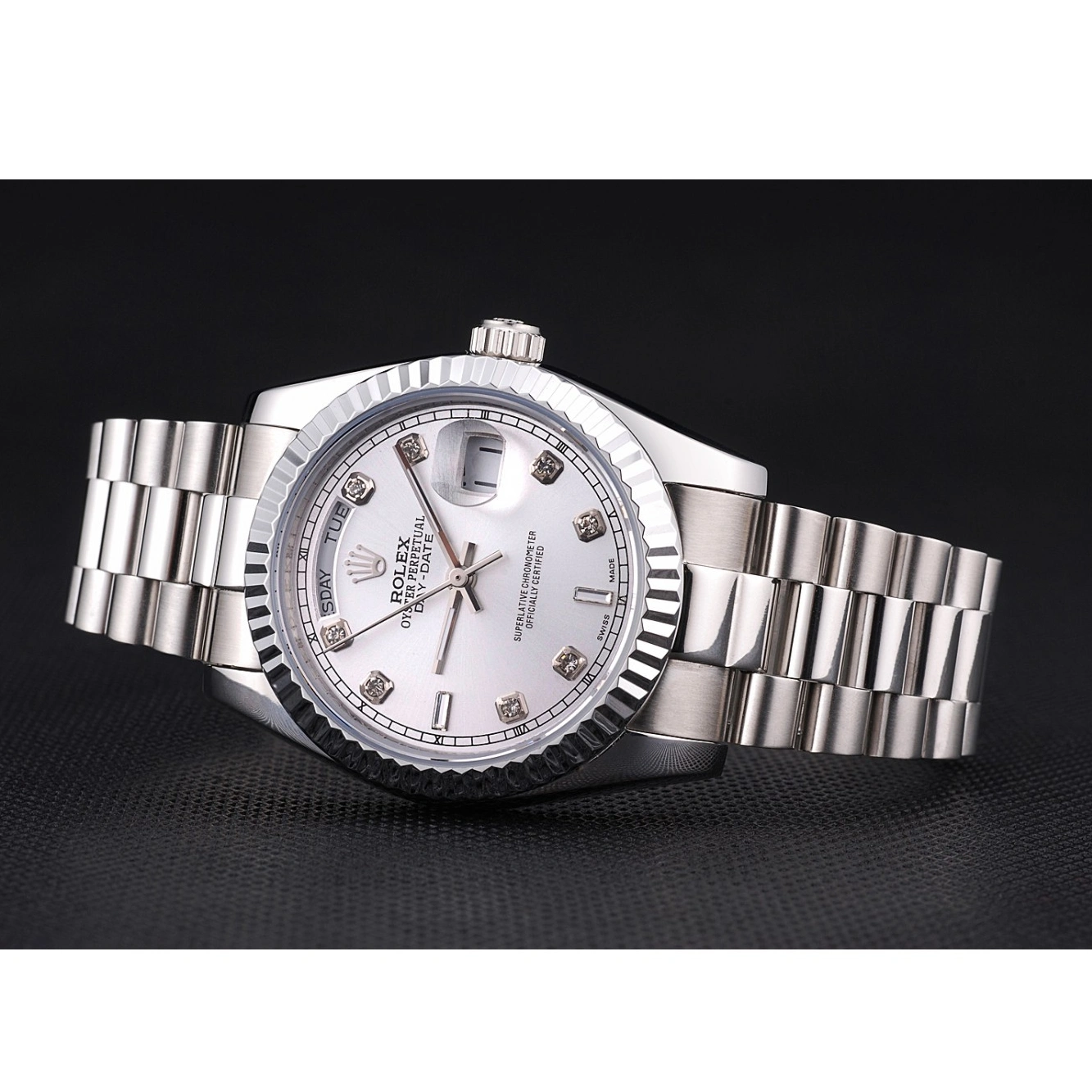 Aaa replica watch Day-Date Dial Steel Stainless Silver Polished Rolex 1025